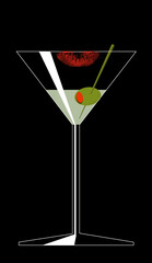 Here is a martini with  lipstick smudge, a swizzle stick and olive in a 3-d illustration.