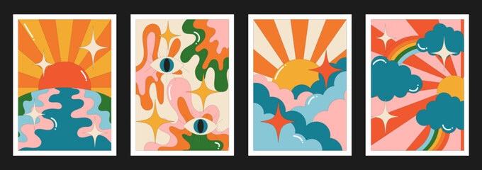 90s groovy posters. Cartoon psychedelic style. Bright hippie characters and retro elements. Trip landscapes with mountains, sun rays, planet, trip wave. Vector collection - obrazy, fototapety, plakaty