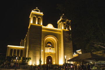 san salvador cathedral of san salvador at night of a rainy day - obrazy, fototapety, plakaty