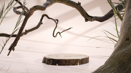 Natural wooden podium with bark and dry branches around, autumn stand for product demonstrations - 3D illustration