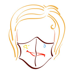 mask with positive and negative emotions in two halves, head of a young blonde woman, colorful sketch