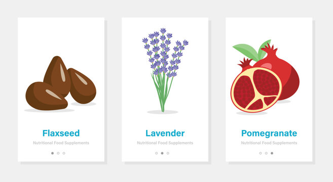 Three vector banners of food suplements. Isolated vertical onboarding templates with fruit and botanical pictures
