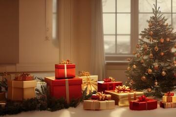 Christmas Tree with Decorations Near a Fireplace with Lights,  3d render, Raster illustration.