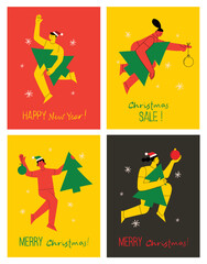 Merry Christmas and Christmas sale. Vector trendy abstract illustration of holiday card with People running for shopping with christmas tree.