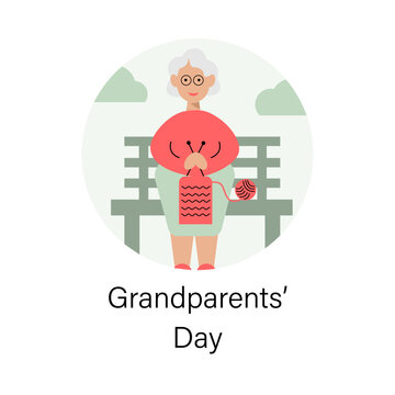 Elderly woman knitting on a bench. Happy Grandparents Day Greeting Card. Vector Illustration