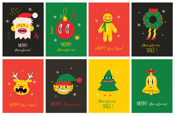 Fototapeta premium Merry Christmas and Happy New Year 2023. Vector trendy abstract illustrations of holiday card with santa claus, deer, crazy geometric shapes, christmas tree and wreath for poster.