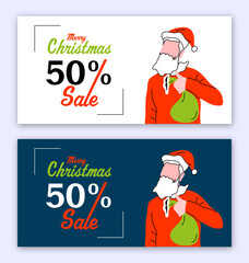 Creative Christmas 50% sale banner template, Santa, Holding gifts, Winter sale