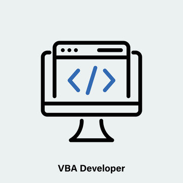 VBA Developer linear vector icon. Isolated outline picture of computer screen with coding page
