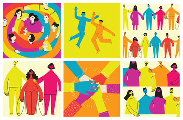 Group of people men, women are standing together. Concept of diversity, equality, tolerance, multicultural society. Vector set of multicultural people.