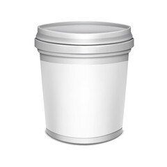 White blank plastic bucket with lid and empty label vector mock-up. Pail round container packaging realistic mockup. Template for design