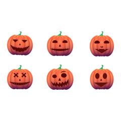 Set of halloween pumpkins funny scary  faces Vector illustration Orange pumpkin on white background holiday Halloween.