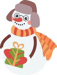Snowman with a New Year's gift in his hands