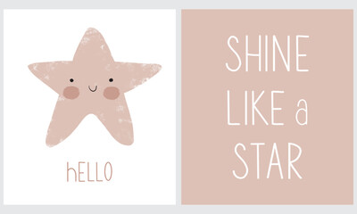 Cute Star on a White Background. Handwritten Star Like a Star on a Light Brown Layout. Kawaii Style Vector Illustration with Hand Drawn Smiling Little Star.Nursery Art Set ideal for Poster, Card.