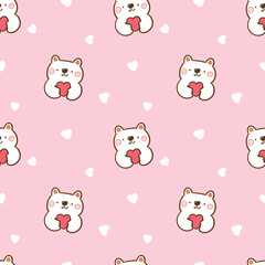 Fototapeta premium Seamless Pattern with Cartoon Bear and Heart Design on Pink Background
