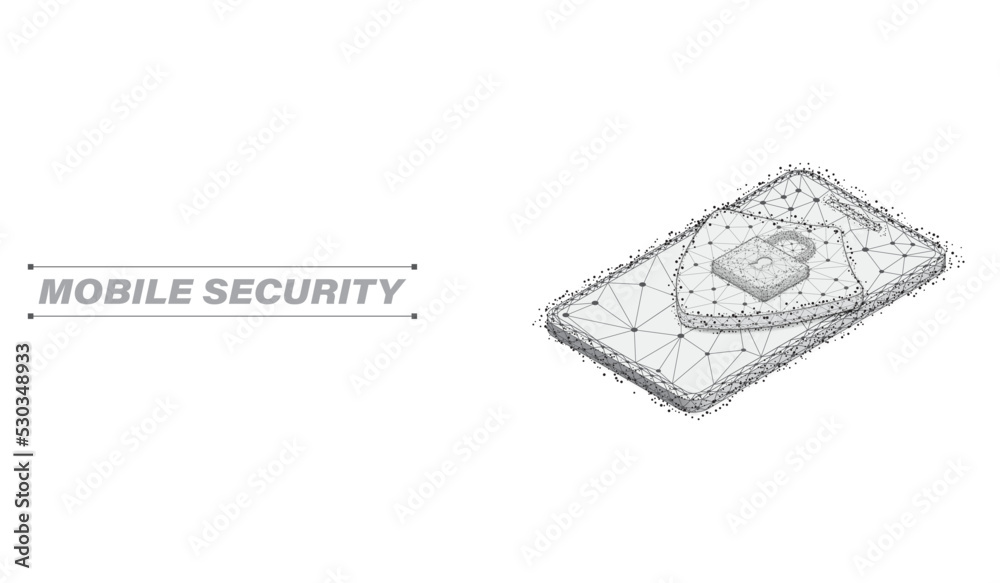 Poster Abstract low poly mobile security smart app screen and personal data protection concept. Mesh line object of safety payment, business, finance vector.