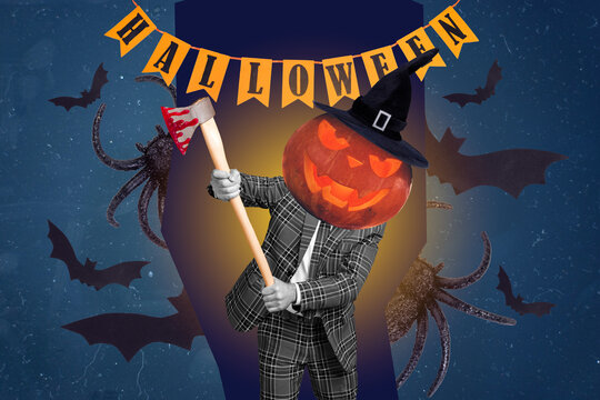 Composite collage of dangerous horrifying person halloween pumpkin instead head hands hold axe painted flying bats spiders