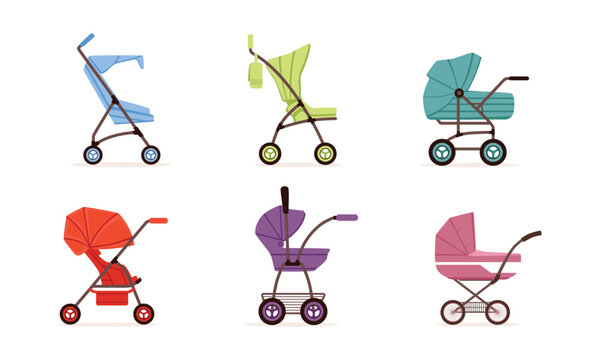 Baby Stroller or Pram as Transport for Carrying Little Kids Vector Set