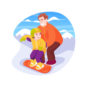 Kids snowboard lessons isolated cartoon vector illustration.