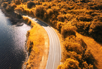 Aerial view of road near blue sea, forest at sunset in autumn. Travel in Croatia. Top view of beautiful road, orange trees, hills in fall. Colorful landscape with highway and sea shore. Road trip