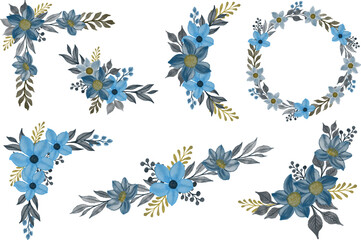set of blue floral watercolor frame for greeting card