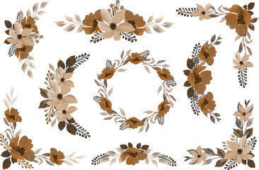 set of brown watercolor floral frame for wedding card