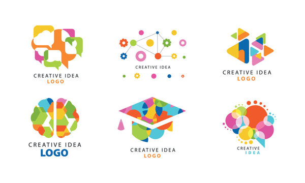 Creative Idea Logo with Bright Colored Brain and Shapes Vector Set