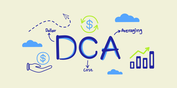DCA word and icon in idea Dollar Cost Averaging investment strategy, Saving stock or savings on a monthly, quarterly basis. Vector illustrator.