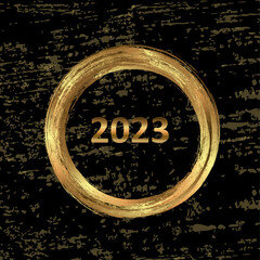 Happy New Year 2023 greeting card poster. Black background. Confetti. Circle frame.
