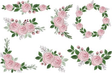 set of pink roses watercolor frame for wedding invitation