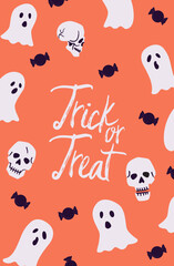 Halloween card with ghosts, skulls and candy background