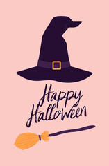 Happy Halloween card with witch's hat and broom