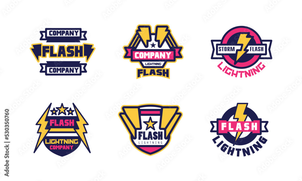 Sticker Flash and Lightning Company Badge or Label as Electric Power Vector Set