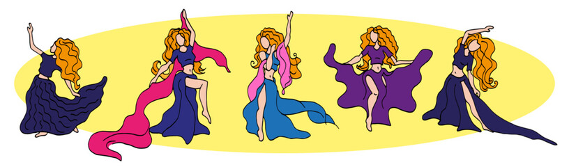 Obraz na płótnie Canvas Dance. Vector illustration of oriental dance, stylized girl in different poses of belly dance