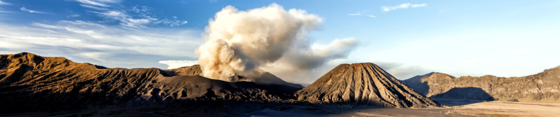Panoramic view Mt Bromo active volcanic eruption exploding