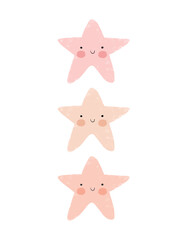Cute Pink, Coral and Beige Stars on a White Background. Kawaii Style Vector Illustration with Hand Drawn Smiling Little Stars. Nursery Art Set ideal for Poster, Card, Wall Art, Kids' Room Decoration.