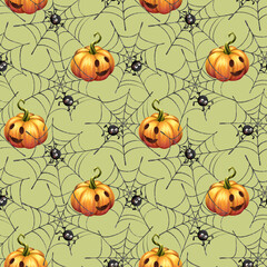 Spider webs and pumpkins. Seamless pattern with cartoon spider. Halloween illustration