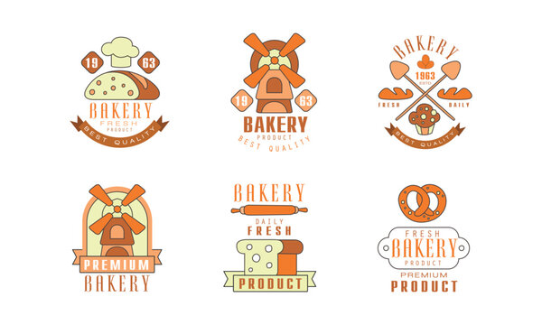 Bakery and Fresh Bread Product Label with Traditional Baked Pastry Vector Set