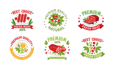 Premium Quality Food Badge with Fresh and Natural Product Ribbon Inscription Vector Set