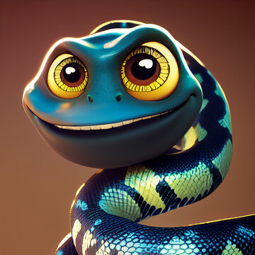 Smiling cartoon snake with big eyes.