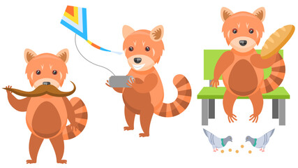 Set Abstract Collection Flat Cartoon Different Animal Red Pandas Launches A Kite, Twists His Mustache, Feeding Pigeons Bread Vector Design Style Elements Fauna Wild