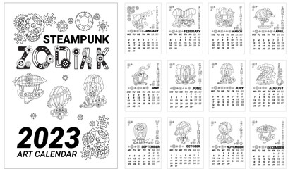 Obraz premium Vector calendar template for 2023 with airships in the form of zodiac signs. Calendar for 2023 with zodiac signs in steampunk style and cute cover. Black and white illustration in linear style