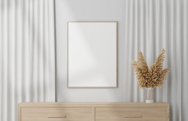 home modern wooden frame and cabinet with dry flower vase mock up or blank close up curtain on white wall background. frame mockup. 3d illustration