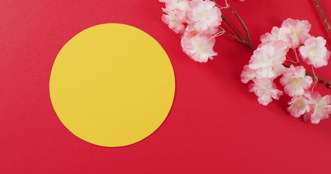 Video of close up of cherry blossom and yellow circle on red background