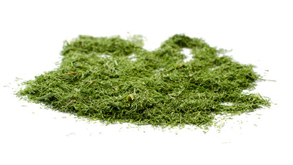 Pile of dry dill isolated on white background. Heap of dry dill isolated on white. Dried fennel, crushed dill powder. Green ground dried dill isolated on white background.
