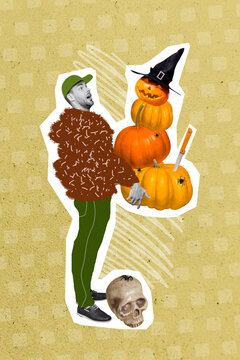 Creative retro 3d magazine image of impressed guy rising pumpkins stack wear witch hat isolated painting background