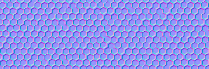 Fototapeta premium Normal map of uneven honeycomb or metal grid simple seamless pattern. Bump mapping of irregular hive cell texture. Hexagon geometry material 3d rendering shader illustration