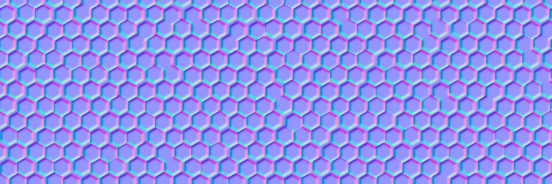 Normal map of uneven honeycomb or metal grid simple seamless pattern. Bump mapping of irregular hive cell texture. Hexagon geometry material 3d rendering shader illustration