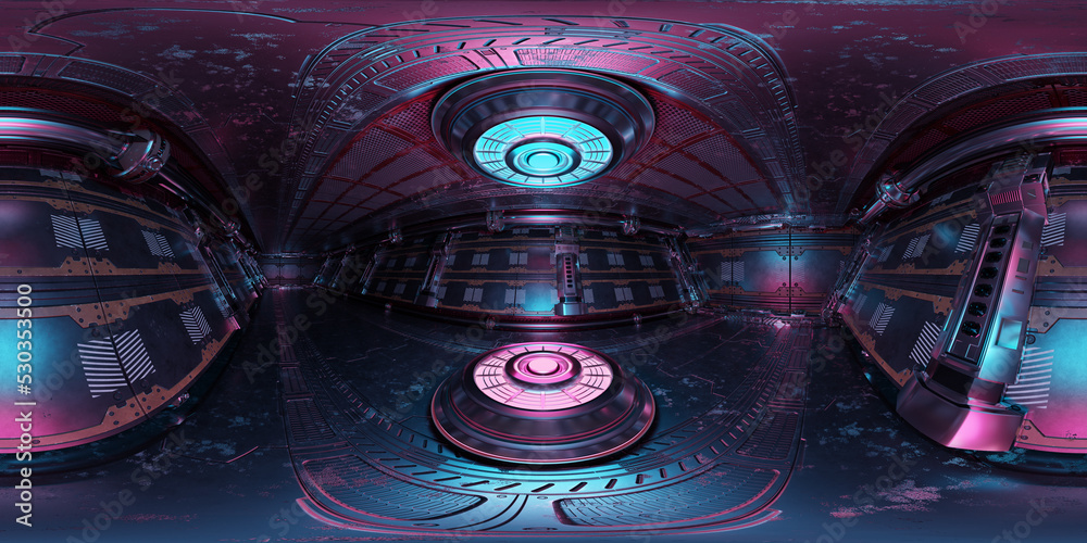 Poster HDRI panoramic view of dark blue pink spaceship interior. High resolution 360 degrees panorama reflection mapping of a futuristic spacecraft with projector 3D rendering