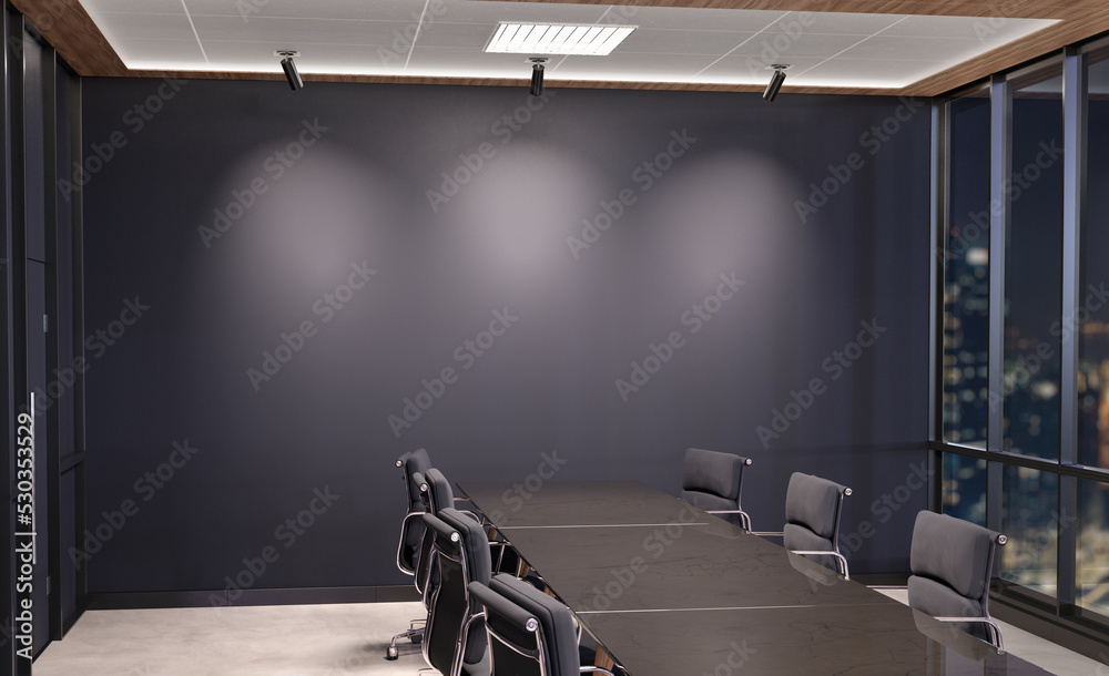 Poster blank wall mockup in dark modern office with windows and spotlights. empty company meeting room 3d r