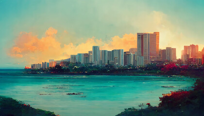 Honolulu cityscape ocean evening sky view painting
